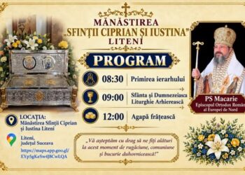 Mănăstirea „Sfinții Ciprian și Iustina” din Liteni își sărbătorește hramul. Pelerini din Botoșani și Suceava, așteptați la Sfânta Liturghie